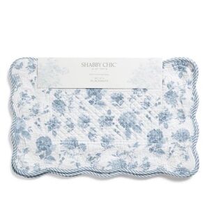 4 Shabby Chic Placemats Blue White Hydrangea Reverse Stripes Quilted Scalloped